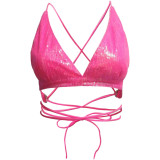 Women Summer Sexy Hot Backless Lace-Up Sequin Bikini Top