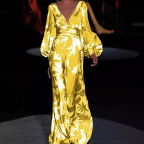 Spring Summer Women's Fashionable Printed Sexy V-Neck Slim Waist Loose Long Dress