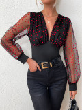 Women's V-Neck Long Sleeve Sexy Heart Print Mesh Tops