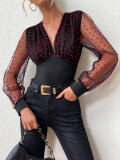 Women's V-Neck Long Sleeve Sexy Heart Print Mesh Tops