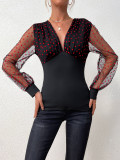 Women's V-Neck Long Sleeve Sexy Heart Print Mesh Tops