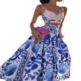 Printed Strap Top A-Lini Long Skirt Two-Piece Set