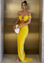 Women's Spring Sexy Strap Croo Top Slim Pleated Slit Skirt Two Piece Set