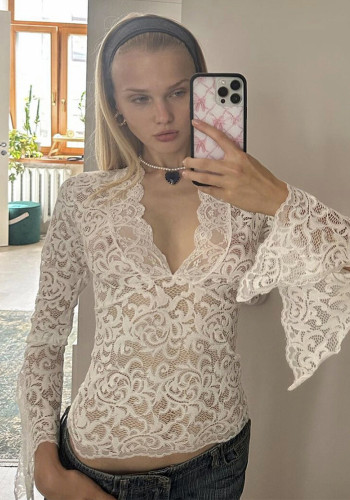 Spring Sexy Slim Deep V-Neck Bell Bottom Sleeve Lace Top