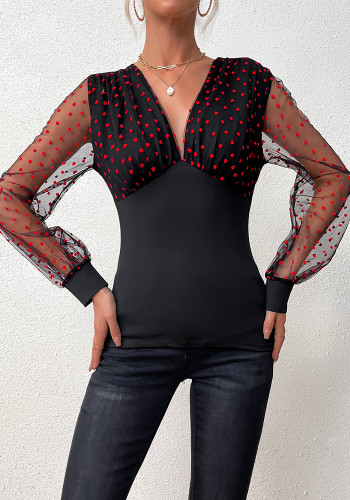 Women's V-Neck Long Sleeve Sexy Heart Print Mesh Tops