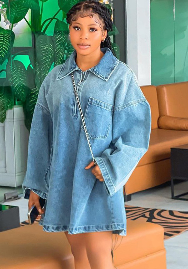 Spring Summer Women's Fashion Turndown Collar Loose Fashion Denim Dress