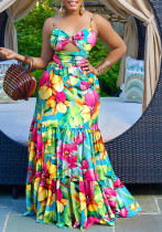 Summer Women's Sexy Strap Printed Sleeveless Low Back Long Dress