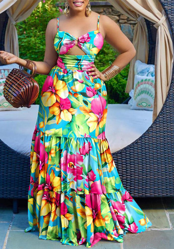 Summer Women's Sexy Strap Printed Sleeveless Low Back Long Dress