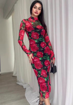 Spring Floral Print Long Sleeve Midi Dress
