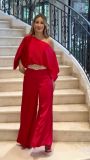 Spring Women's Casual Loose Rose Top High Waist Pants Two Piece Set