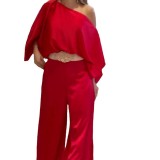 Spring Women's Casual Loose Rose Top High Waist Pants Two Piece Set