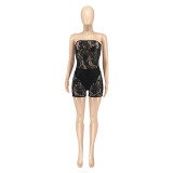 Women Sexy Lace Mesh Strapless Jumpsuit