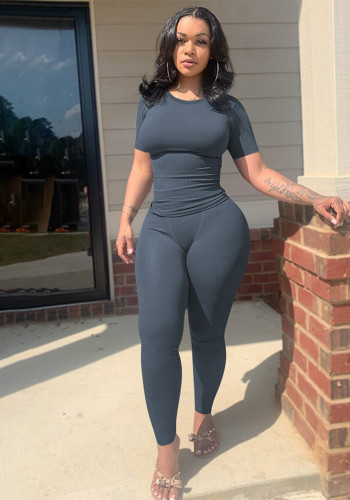 Women Sexy Solid Short Sleeve Top and Pant Two-piece Set