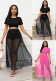 Women Outing Beach Skirt Beaded See-Through Mesh Skirt Short Sleeve T-Shirt Three-Piece