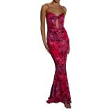 Women strappy printed mesh sexy dress