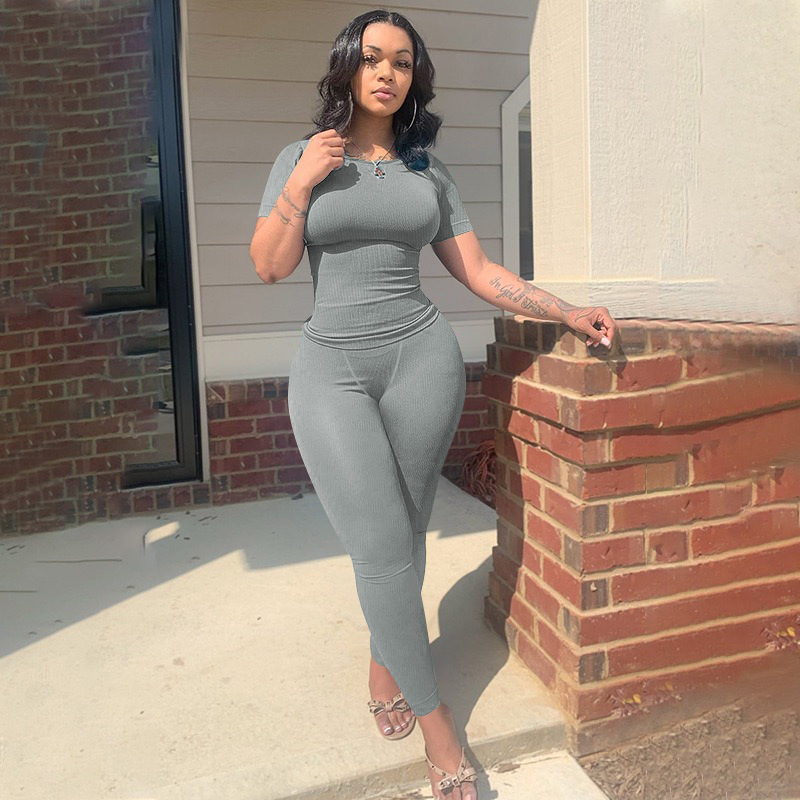 Women Sexy Solid Short Sleeve Top and Pant Two-piece Set