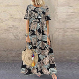 Plus Size Women Summer Short Sleeve Printed Maxi Dress
