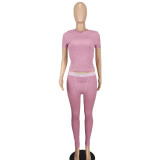 Women Sexy Solid Short Sleeve Top and Pant Two-piece Set