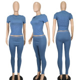 Women Sexy Solid Short Sleeve Top and Pant Two-piece Set
