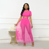 Women Outing Beach Skirt Beaded See-Through Mesh Skirt Short Sleeve T-Shirt Three-Piece
