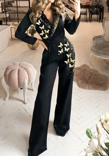 Women Elegant Printed Pocket Zip Long Sleeve Jumpsuit