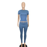 Women Sexy Solid Short Sleeve Top and Pant Two-piece Set