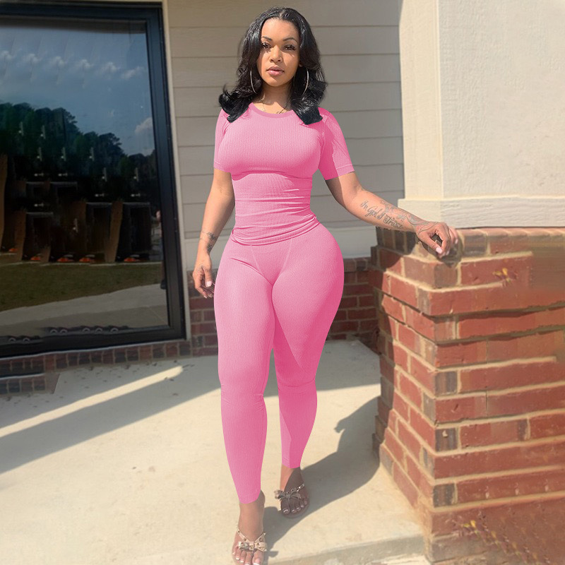 Women Sexy Solid Short Sleeve Top and Pant Two-piece Set