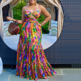 Summer Women's Sexy Strap Printed Sleeveless Low Back Long Dress