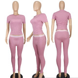 Women Sexy Solid Short Sleeve Top and Pant Two-piece Set