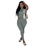 Women Sexy Solid Short Sleeve Top and Pant Two-piece Set