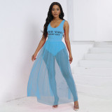Women Summer Sexy Bodysuit Beaded See-Through Mesh Beach Skirt Two-piece Set