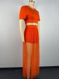 Women Outing Beach Skirt Beaded See-Through Mesh Skirt Short Sleeve T-Shirt Three-Piece