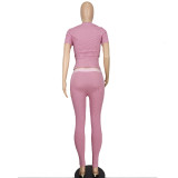 Women Sexy Solid Short Sleeve Top and Pant Two-piece Set