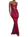 Women strappy printed mesh sexy dress