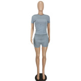 Women Sexy Solid Short Sleeve Top and Shorts Two-piece Set