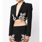 Women Diamond Butterfly Blazer and Skirt Two-piece Set