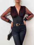 Women's V-Neck Long Sleeve Sexy Heart Print Mesh Tops