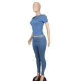 Women Sexy Solid Short Sleeve Top and Pant Two-piece Set