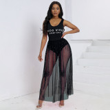 Women Summer Sexy Bodysuit Beaded See-Through Mesh Beach Skirt Two-piece Set