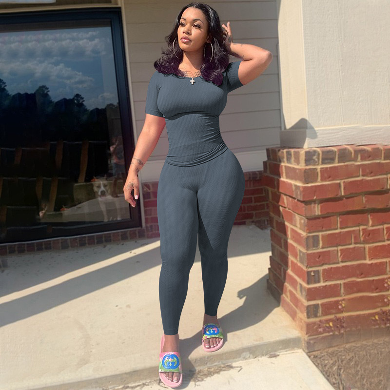 Women Sexy Solid Short Sleeve Top and Pant Two-piece Set