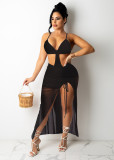 Women Sexy Suspender Crop Top and Slit Skirt Two-piece Set