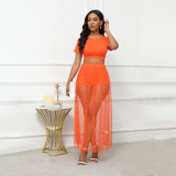Women Outing Beach Skirt Beaded See-Through Mesh Skirt Short Sleeve T-Shirt Three-Piece