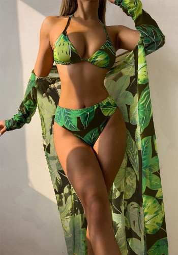 Women Print Mesh Bikini Swimsuit Three-Piece