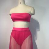 Women's Sexy Mesh Pleated Skirt Strapless Crop Top Three-Piece Set