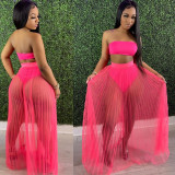 Women's Sexy Mesh Pleated Skirt Strapless Crop Top Three-Piece Set