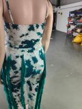 Women's Two-piece Pants V-Neck One-Piece bodysuit Top Sexy Tie-Dye Tassel Trousers Set