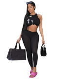 Women's Summer Round Neck Sleeveless Printed Cropped Top Slim Pants Two-Piece Set