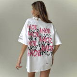Ripped Letter Printed Round Neck Pullover Short-Sleeved T-Shirt Spring And Summer Outdoor Wear Fashionable Loose Top