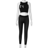 Women's Summer Round Neck Sleeveless Printed Cropped Top Slim Pants Two-Piece Set