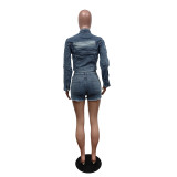 Women Denim Embroidered Cross Stretch Top and Shorts Two-piece Set